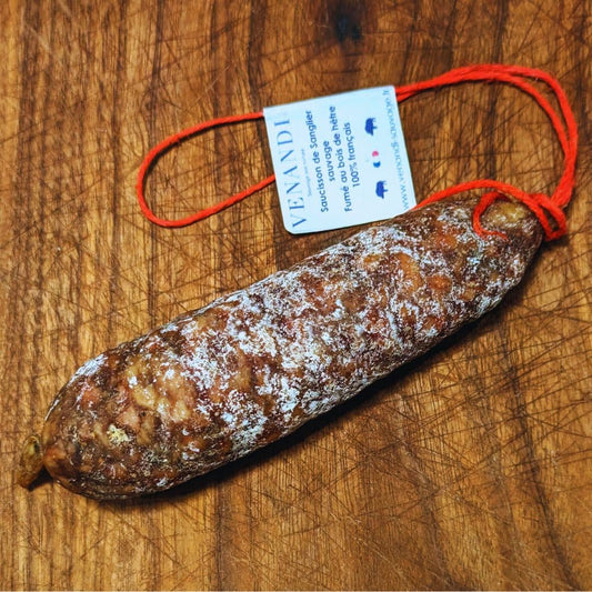 Wild boar saucisson made from 100% French wild boar, smoked over beech wood