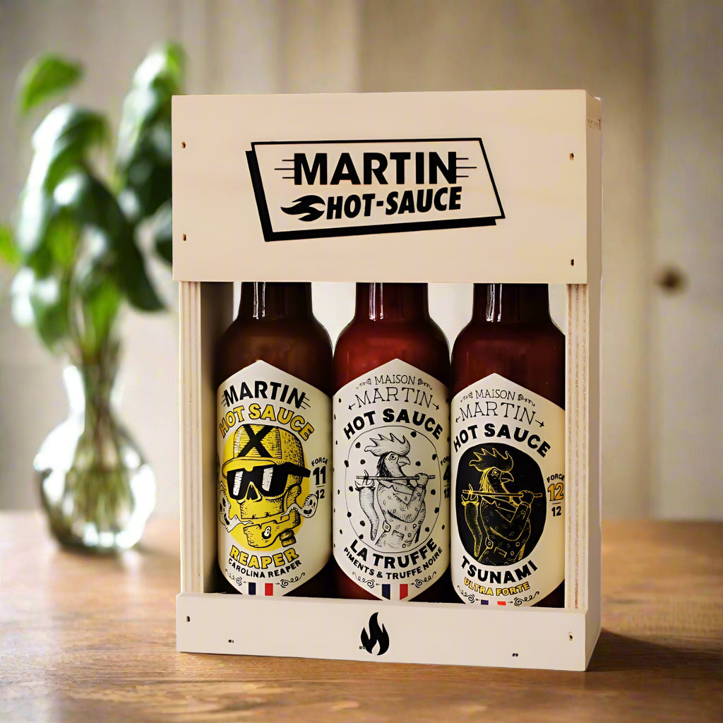 Holzbox mit 3 Flaschen Chili Maison Martin 🌶️🌶️🌶️💕
