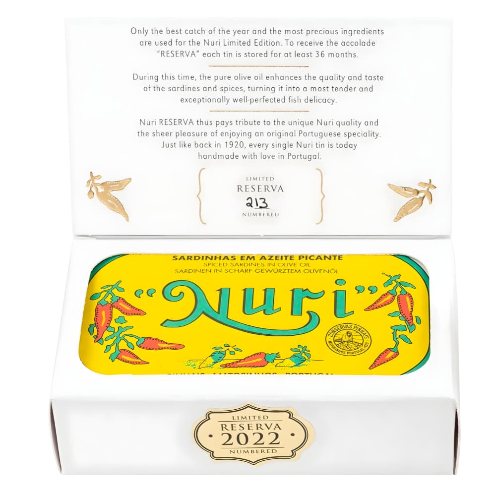 NURI Reserva 2022 – Spiced Sardines in Olive Oil (Pikante Jahrgangssardine) - Nuri - Maître Philippe & Filles